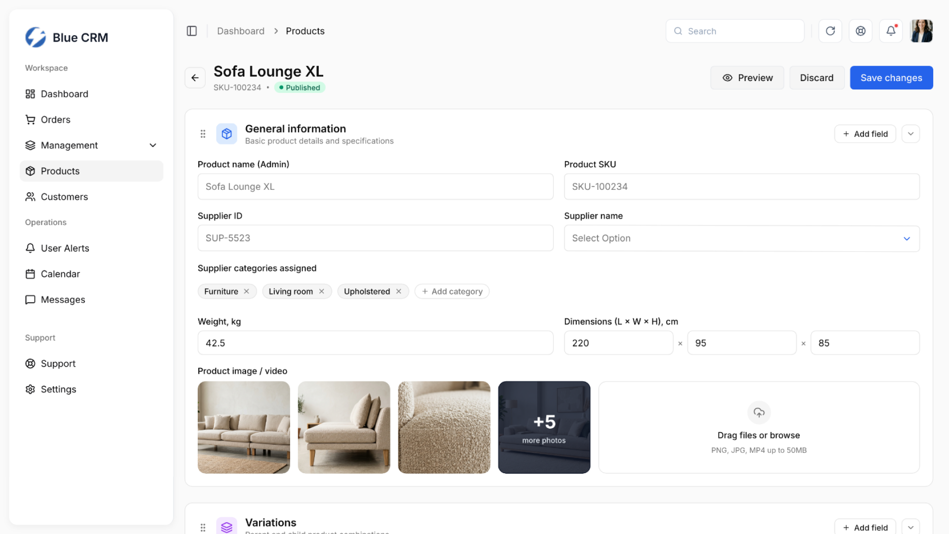 Blue CRM – product detail editor with supplier data, categories, dimensions, media and variations